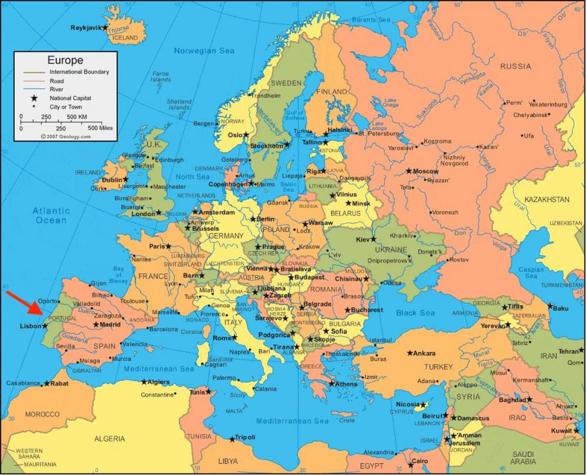 carte de l'Europe au Portugal