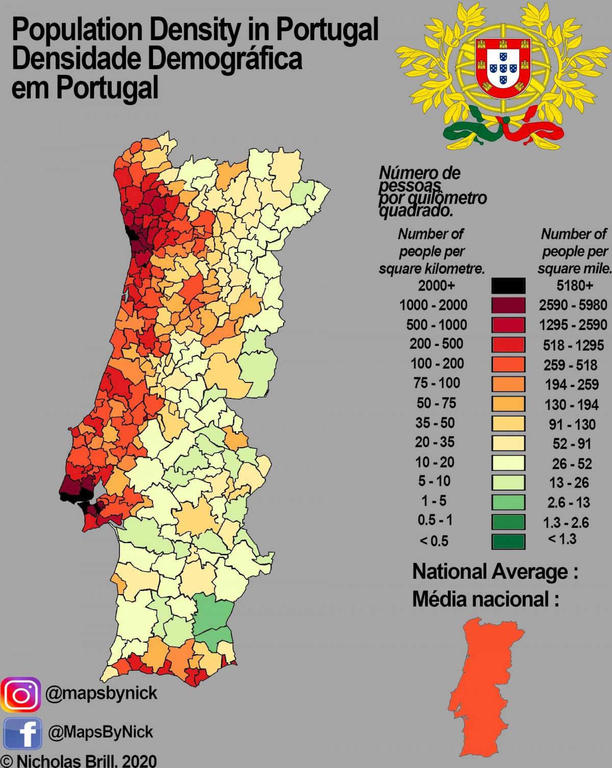 carte de la population du Portugal