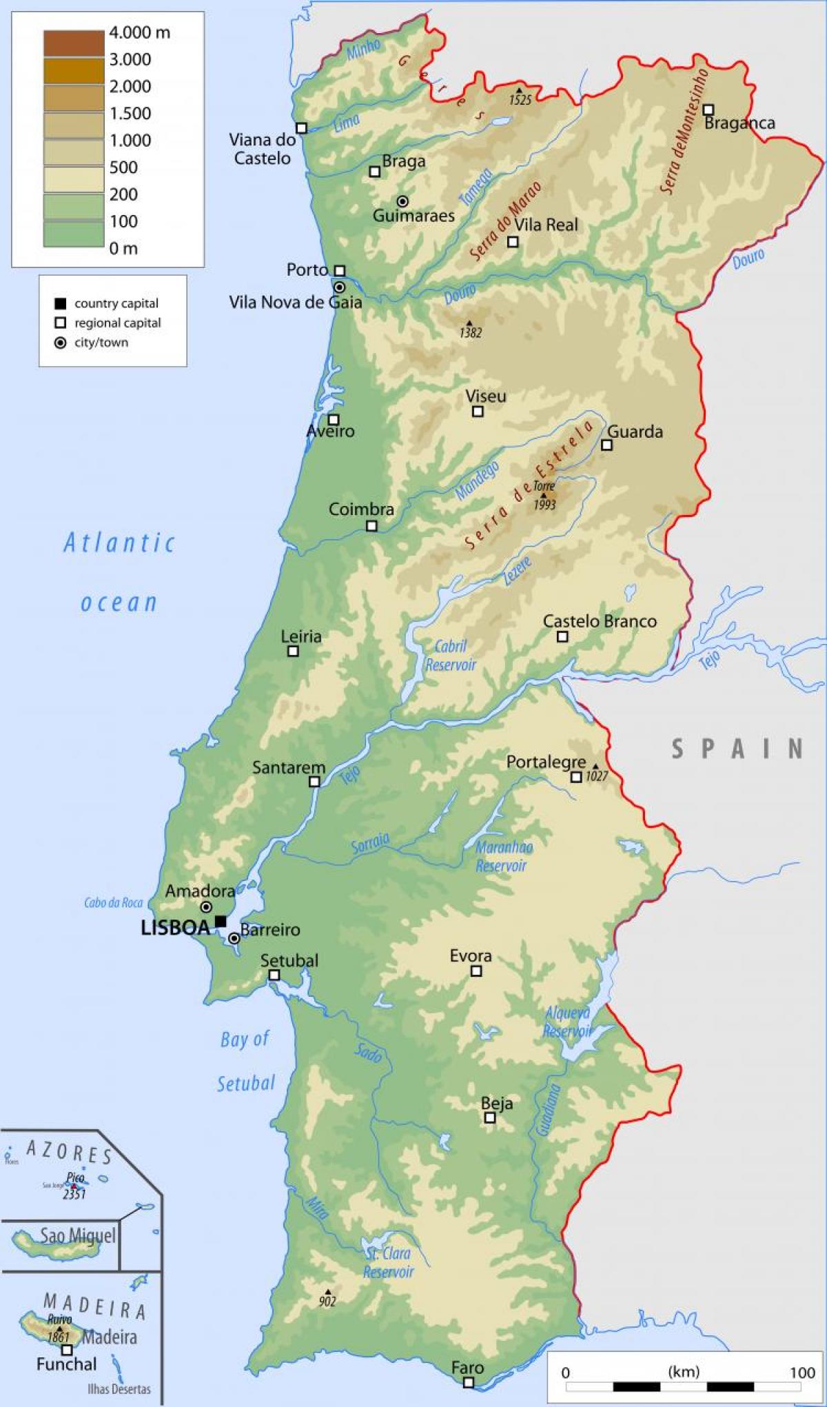 carte physique du Portugal