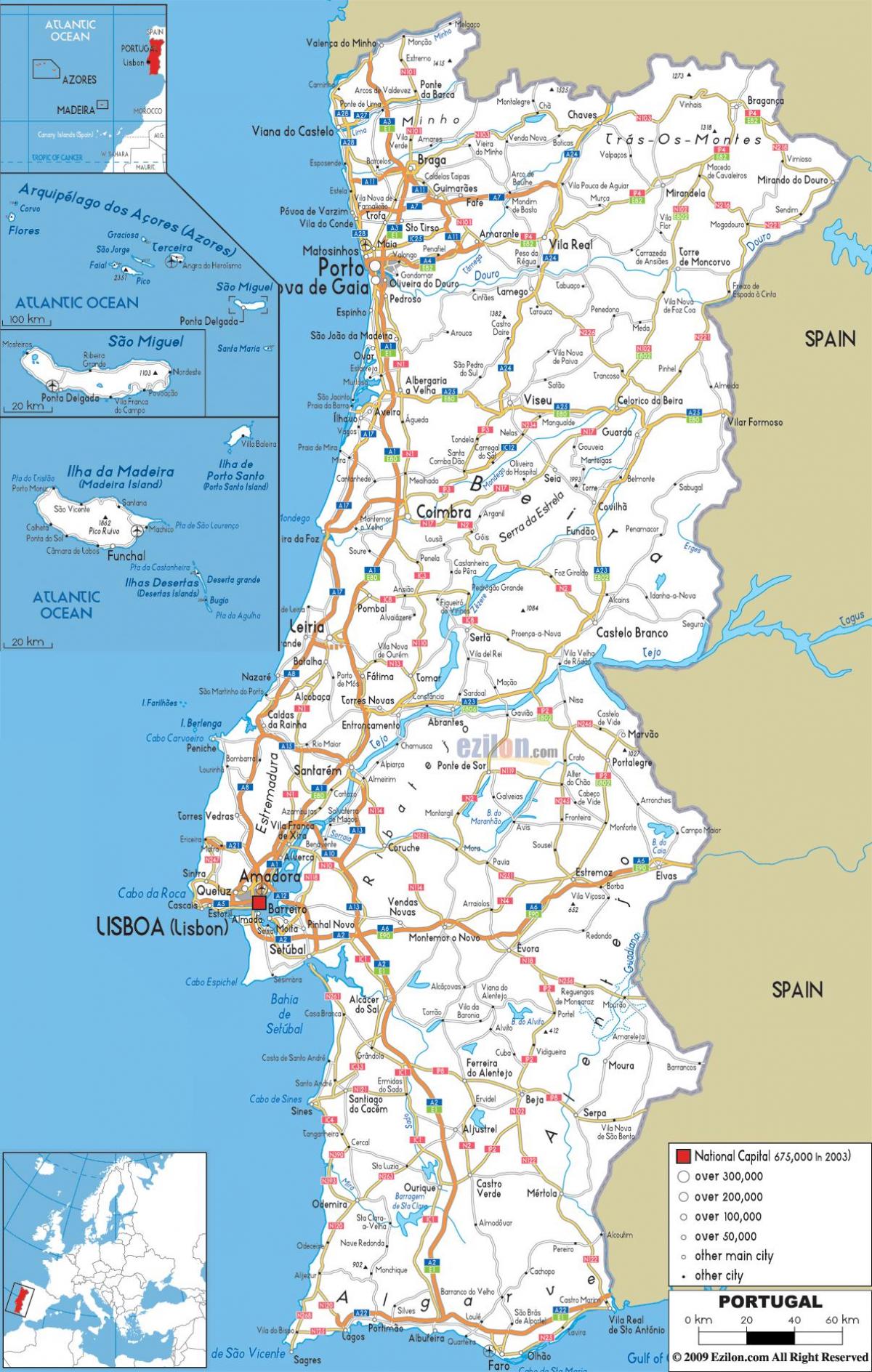carte routière du Portugal
