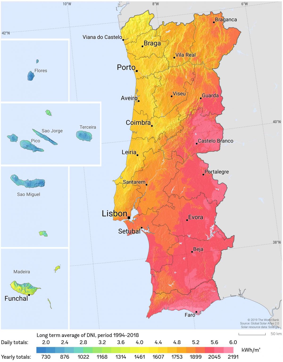 carte du Portugal soleil
