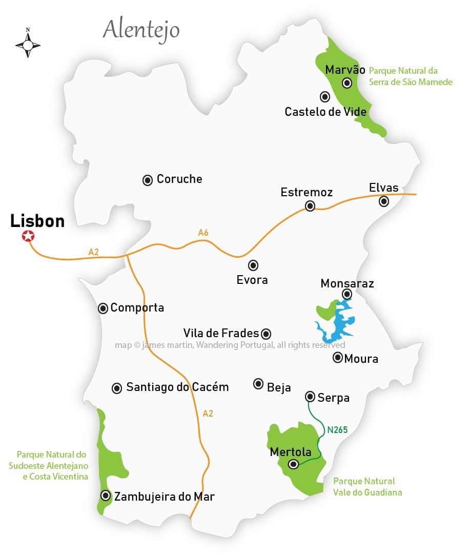 carte de la région d'Alentejo, Portugal